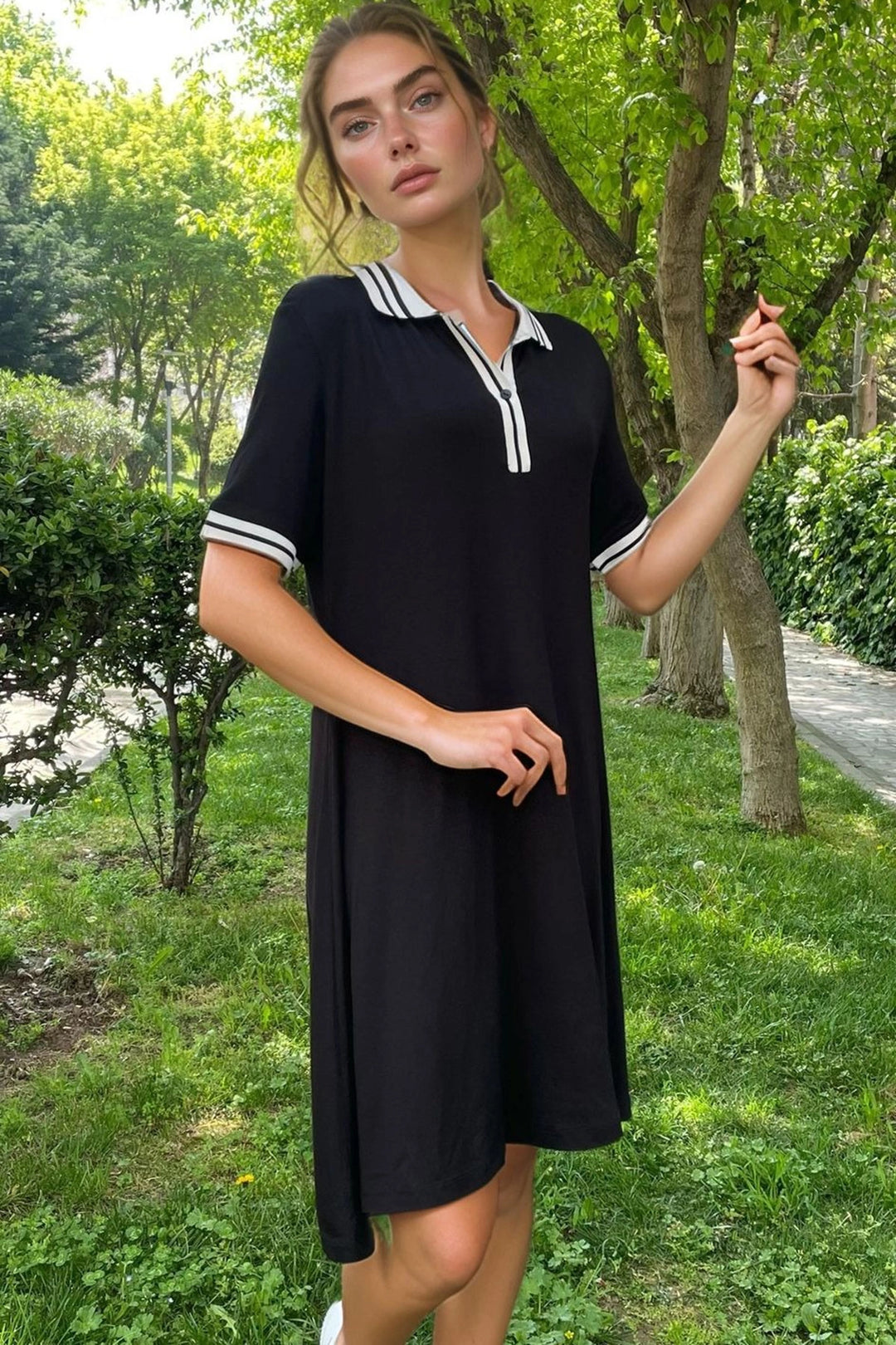 Black Polo Neck Ribbed Striped Comfort Fit Viscon Dress BCVL-2530001 - Albi