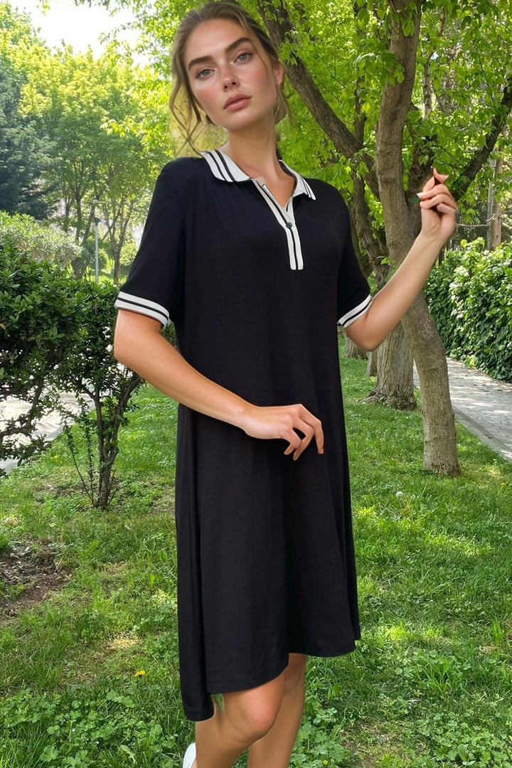 Black Polo Neck Ribbed Striped Comfort Fit Viscon Dress BCVL-2530001 - Albi