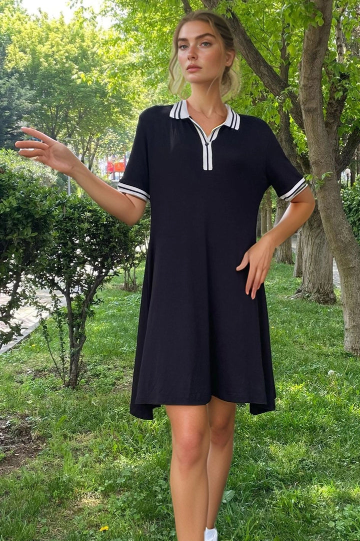 Black Polo Neck Ribbed Striped Comfort Fit Viscon Dress BCVL-2530001 - Albi
