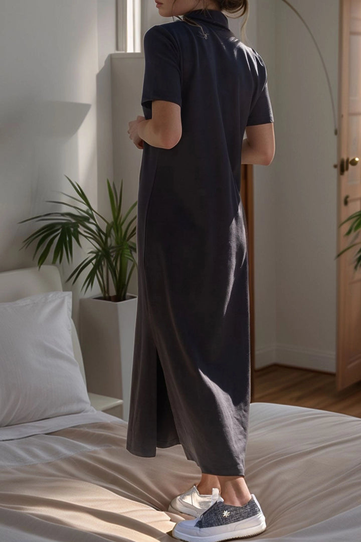 Black Polo Neck Side Slit Long Dress BCBSK-25700-3525 - St. Cloud