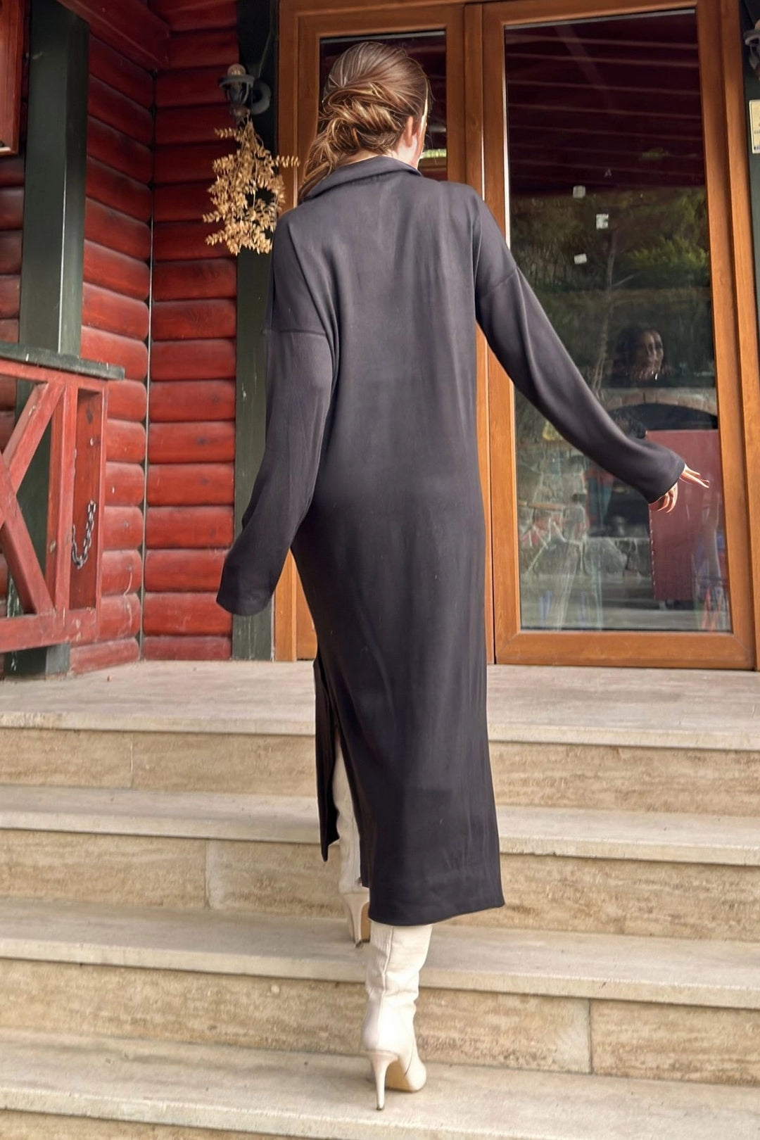 Black Polo Neck Side Slit Soft Textured Loose Knit Dress BCBSK-25700-3660 - Huejutla de Reyes