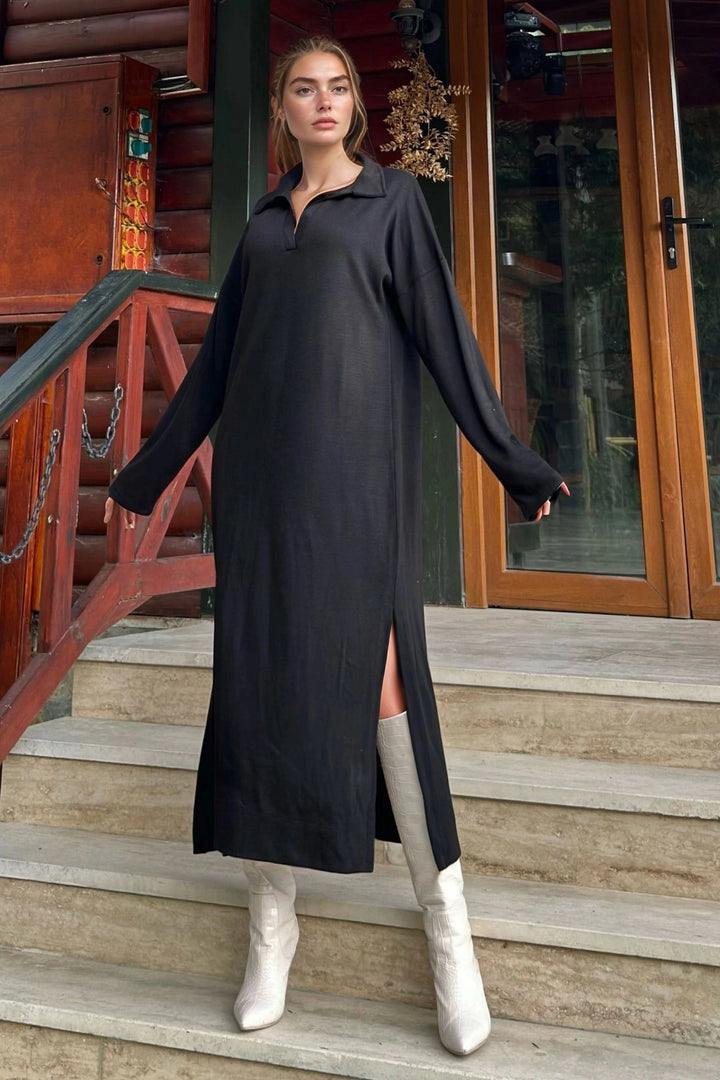 Black Polo Neck Side Slit Soft Textured Loose Knit Dress BCBSK-25700-3660 - Huejutla de Reyes