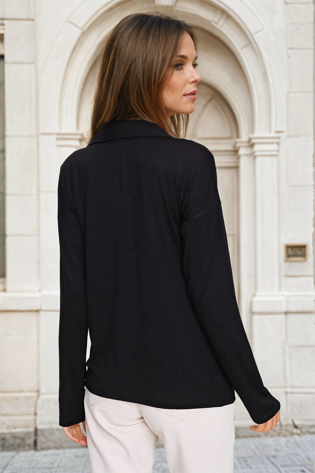 Black Polo Neck Soft Textured Blouse BCBSK-25700-2749 - Chalco