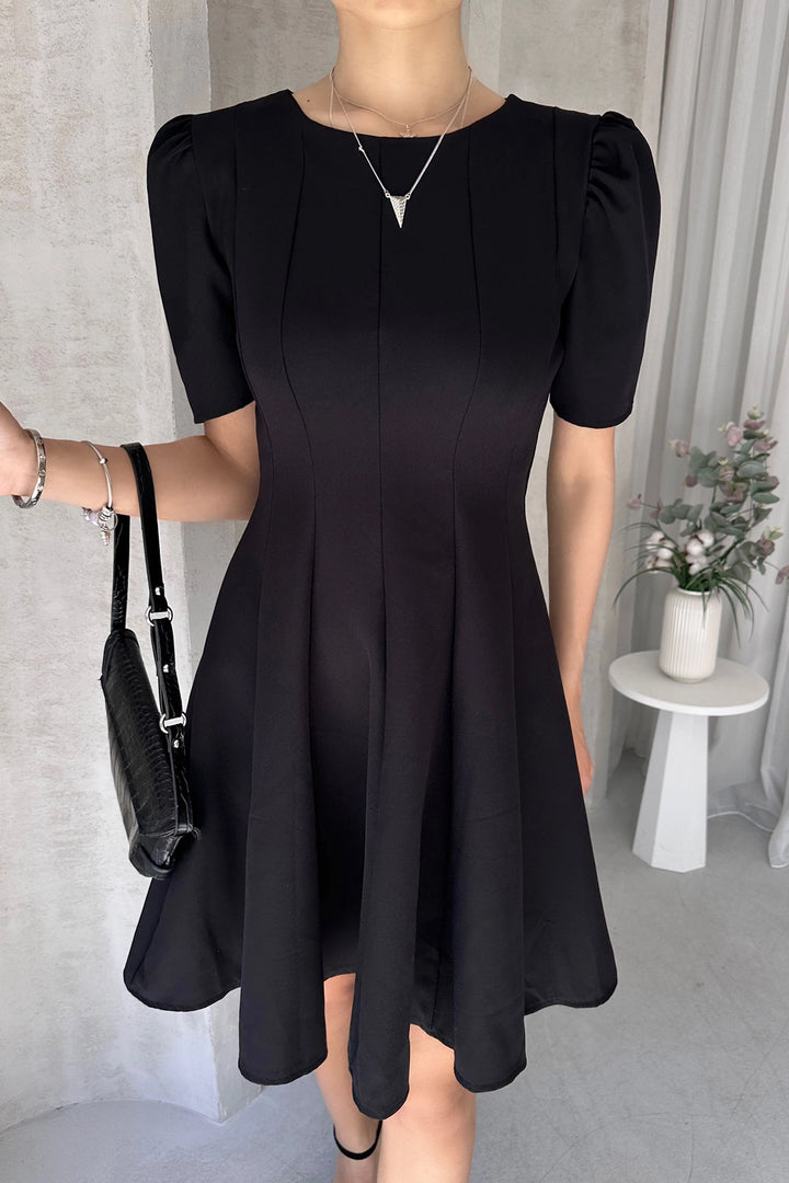 Black Princess Arm Skirt Ruffled Satin Fabric Flared Dress BCDF-252199 - Alès