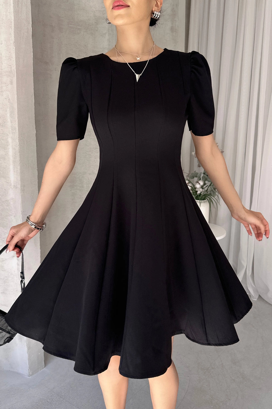 Black Princess Arm Skirt Ruffled Satin Fabric Flared Dress BCDF-252199 - Alès