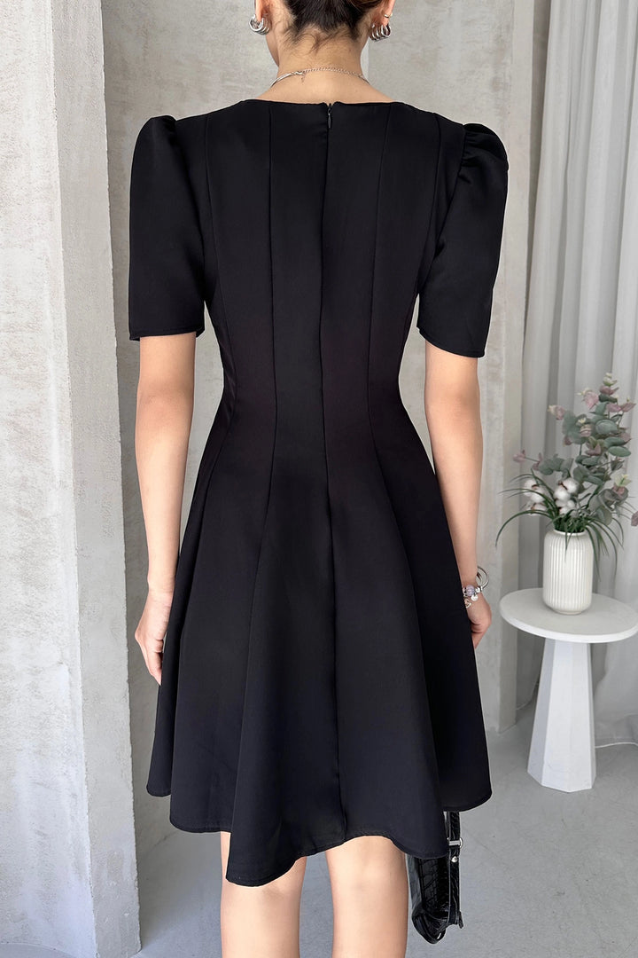 Black Princess Arm Skirt Ruffled Satin Fabric Flared Dress BCDF-252199 - Alès