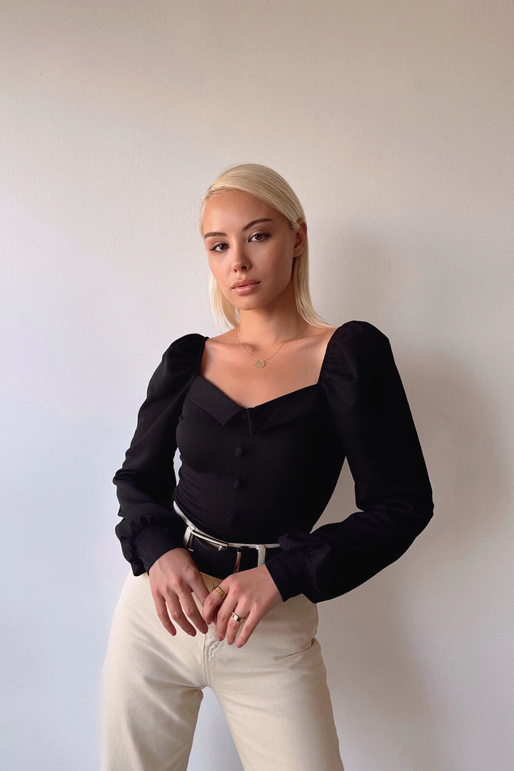 Black Princess Front Button Detailed Crepe Blouse BCDF-231006 - Cambridge