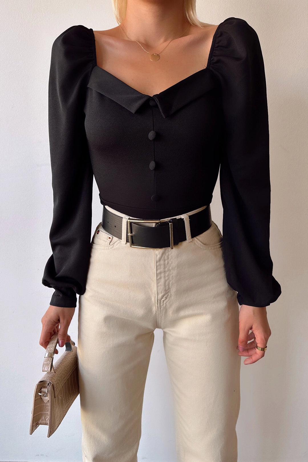Black Princess Front Button Detailed Crepe Blouse BCDF-231006 - Cambridge