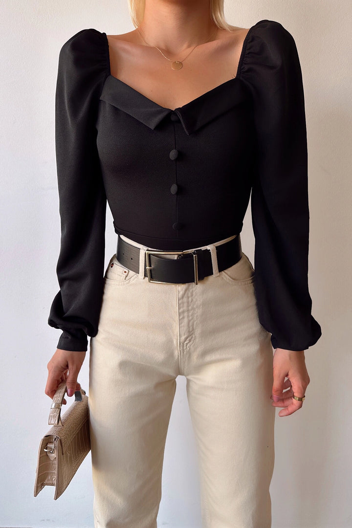 Black Princess Front Button Detailed Crepe Blouse BCDF-231006 - Cambridge