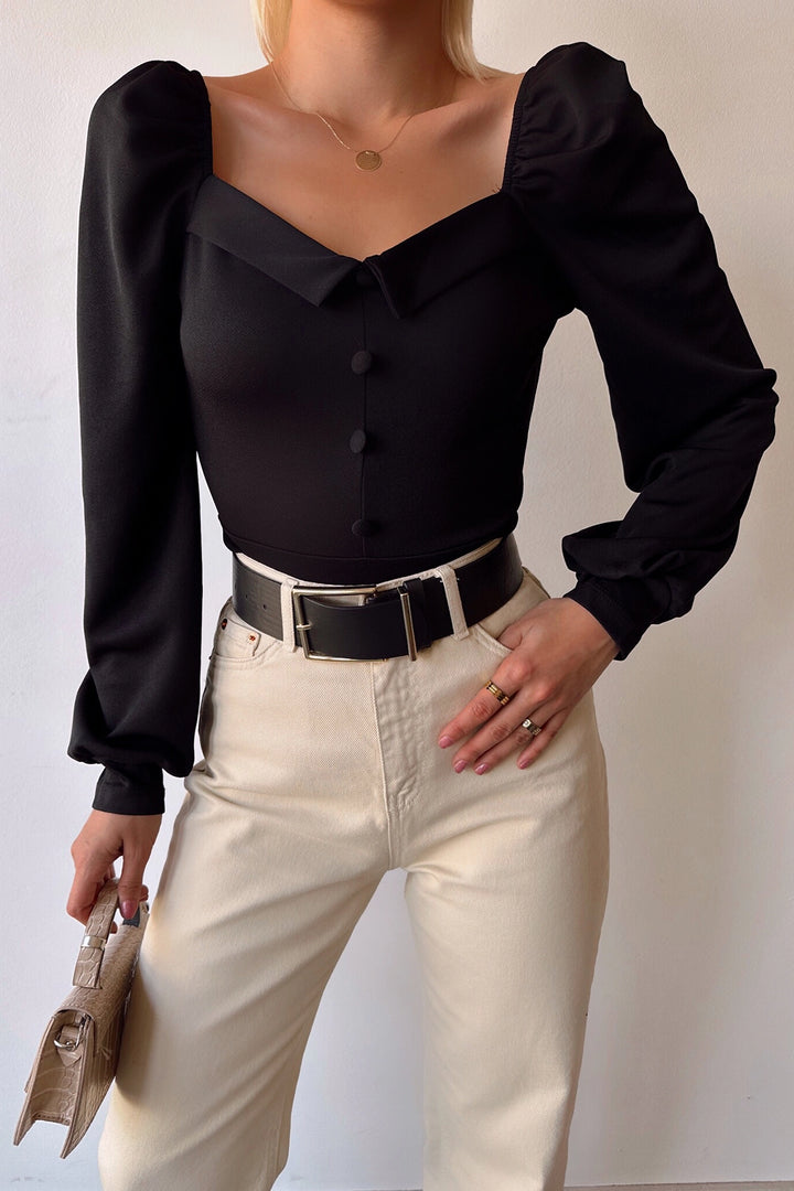 Black Princess Front Button Detailed Crepe Blouse BCDF-231006 - Cambridge