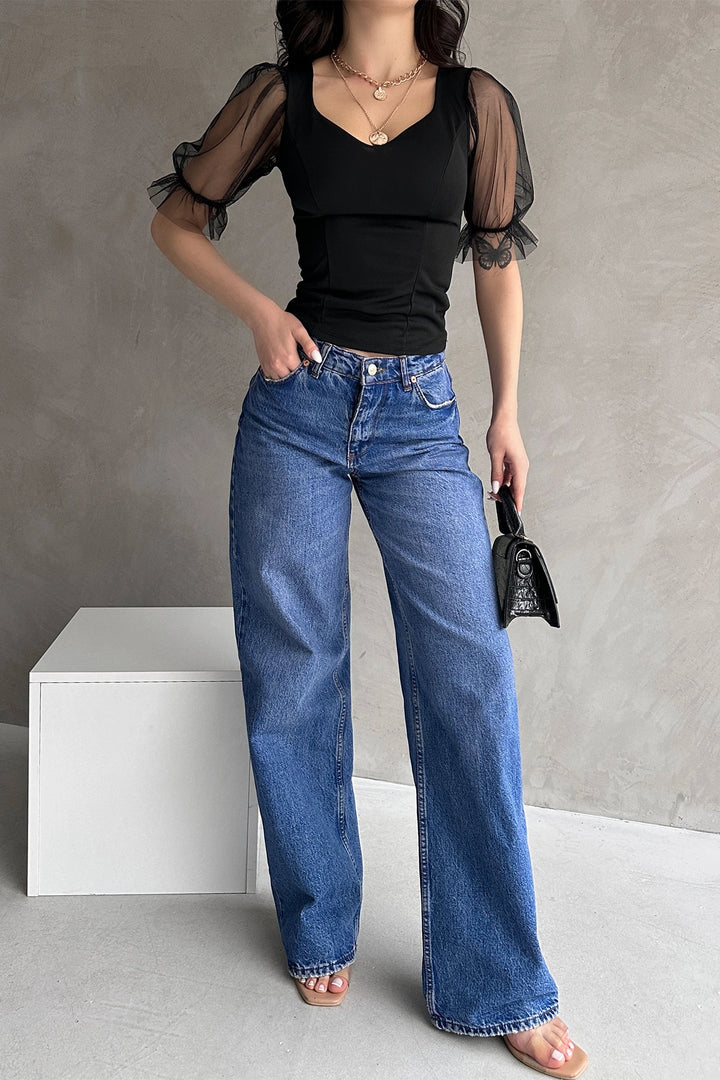 Black Princess Crepe Blouse with Arm Tulle Detail BCDF-252167 - Oeiras