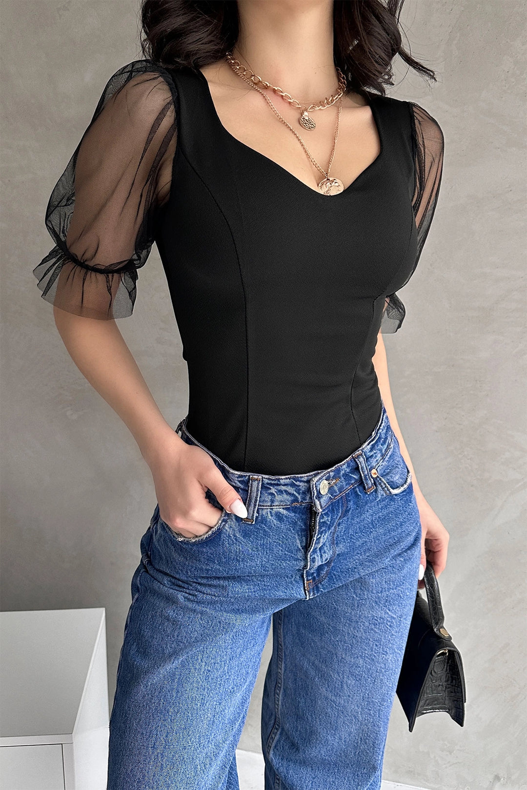 Black Princess Crepe Blouse with Arm Tulle Detail BCDF-252167 - Oeiras
