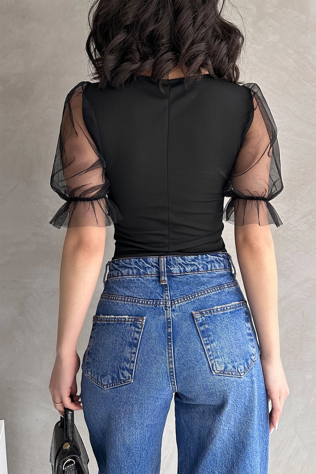 Black Princess Crepe Blouse with Arm Tulle Detail BCDF-252167 - Oeiras