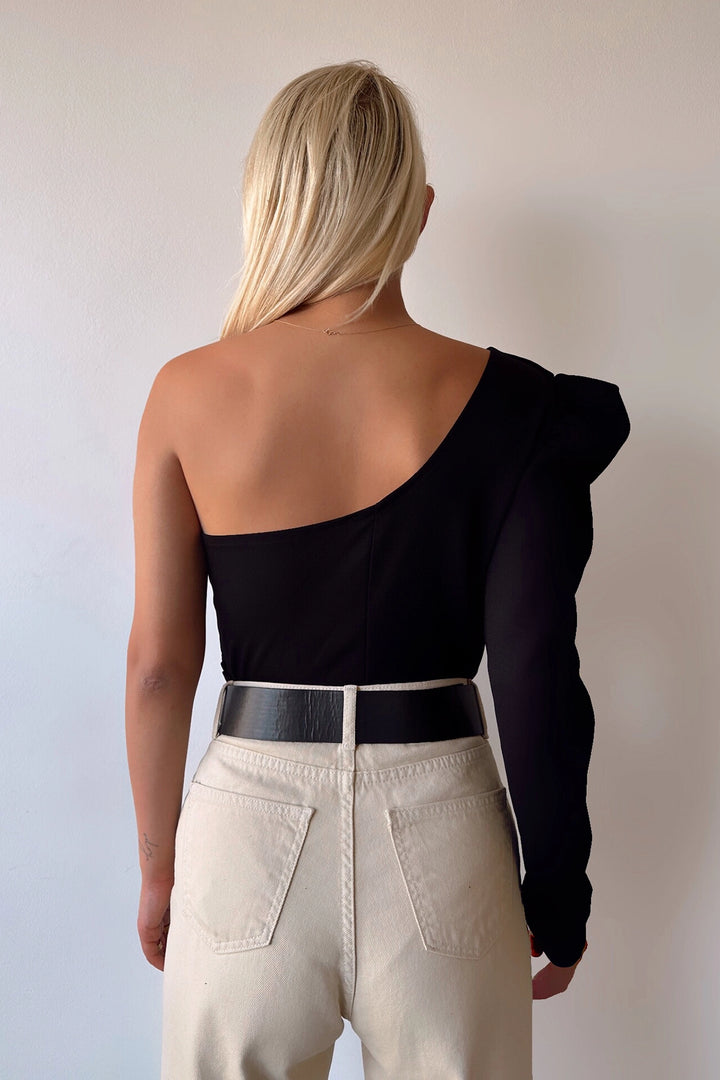 Black Princess Sleeve Shoulder Pad Outcut Crepe Blouse BCDF-231005 - Alès