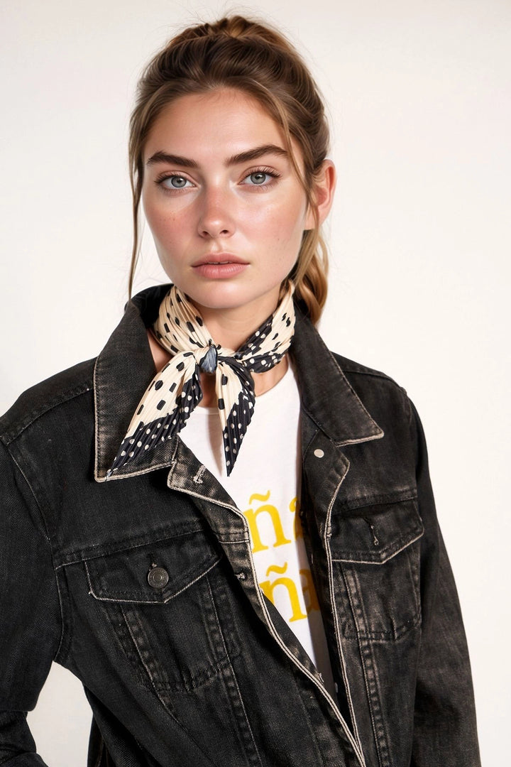 Black Polka Dot Patterned Pleated Bandana Scarf BCNSV-2513472 - Doetinchem