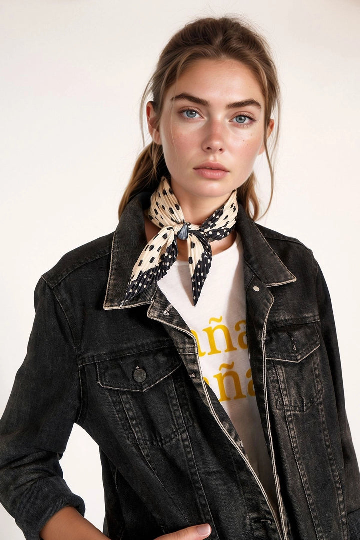 Black Polka Dot Patterned Pleated Bandana Scarf BCNSV-2513472 - Doetinchem