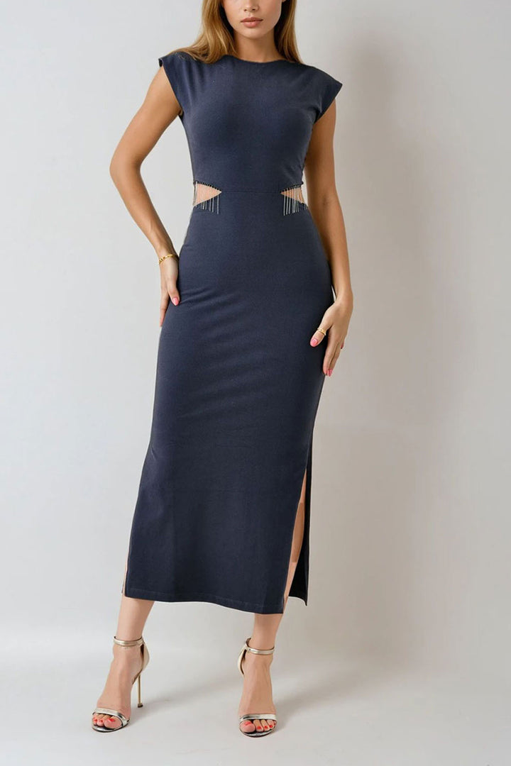 Black Tassel Detailed Side Cleavage Slit Midi Dress BCHPK-251246 - Lower Paxton