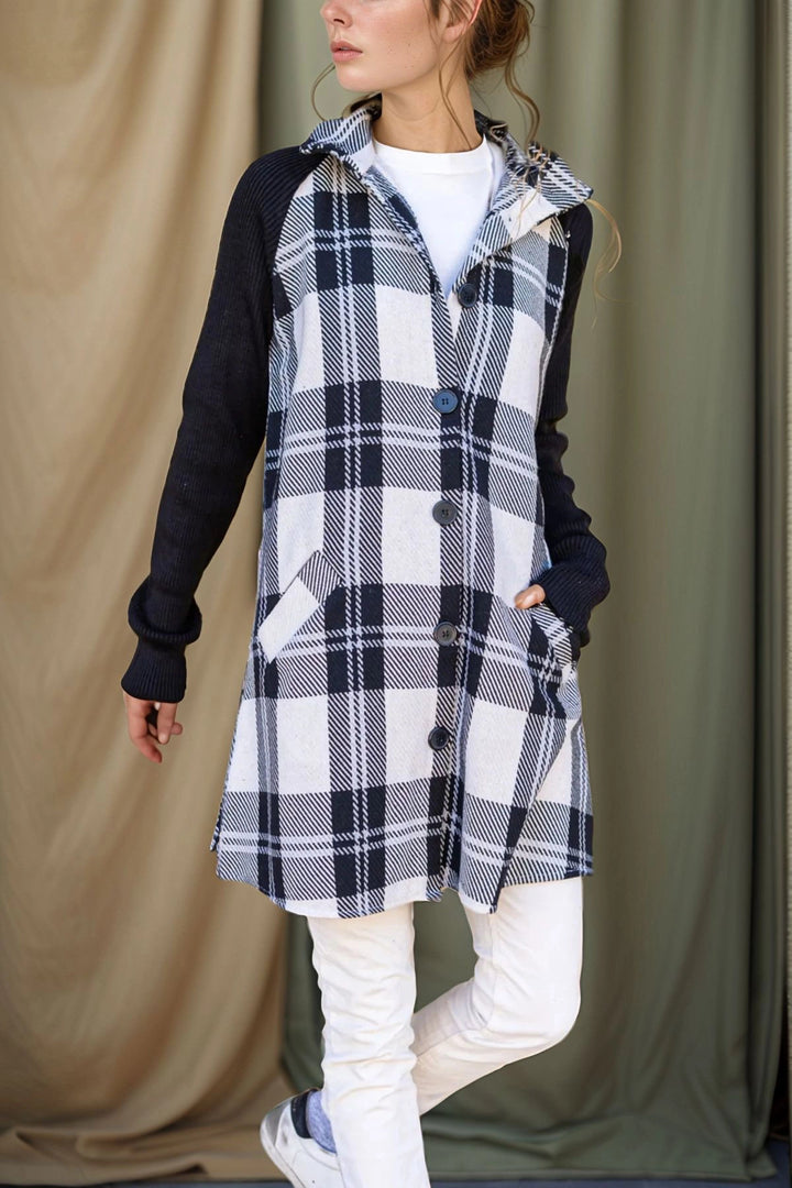 Black Raglan Sleeve Pocketed Buttoned Plaid Trim Jacket BCBSK-25700-3193 - Innisfil