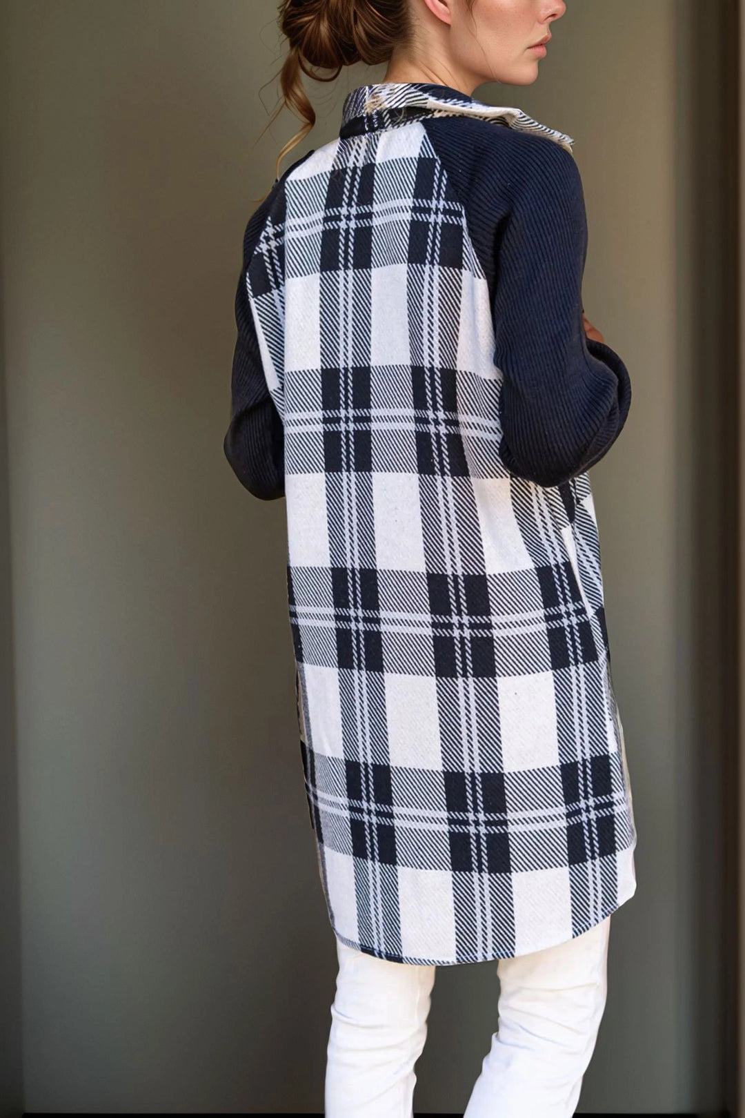 Black Raglan Sleeve Pocketed Buttoned Plaid Trim Jacket BCBSK-25700-3193 - Innisfil