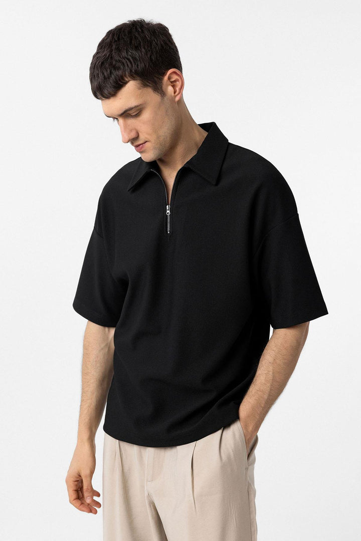 ANT Antioch Siyah Relax Fit Fermuarlı Polo Yaka Erkek T-Shirt - Niagara Falls