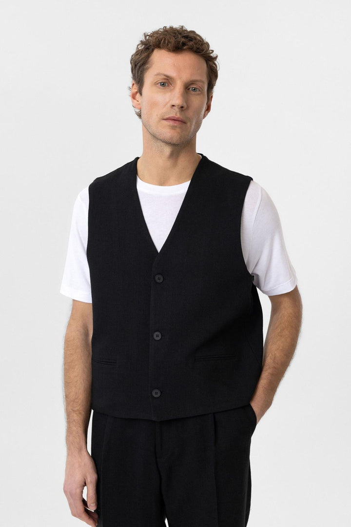 ANT Antioch Siyah Relax Fit Keten Karışımlı Erkek Yelek - Lelystad