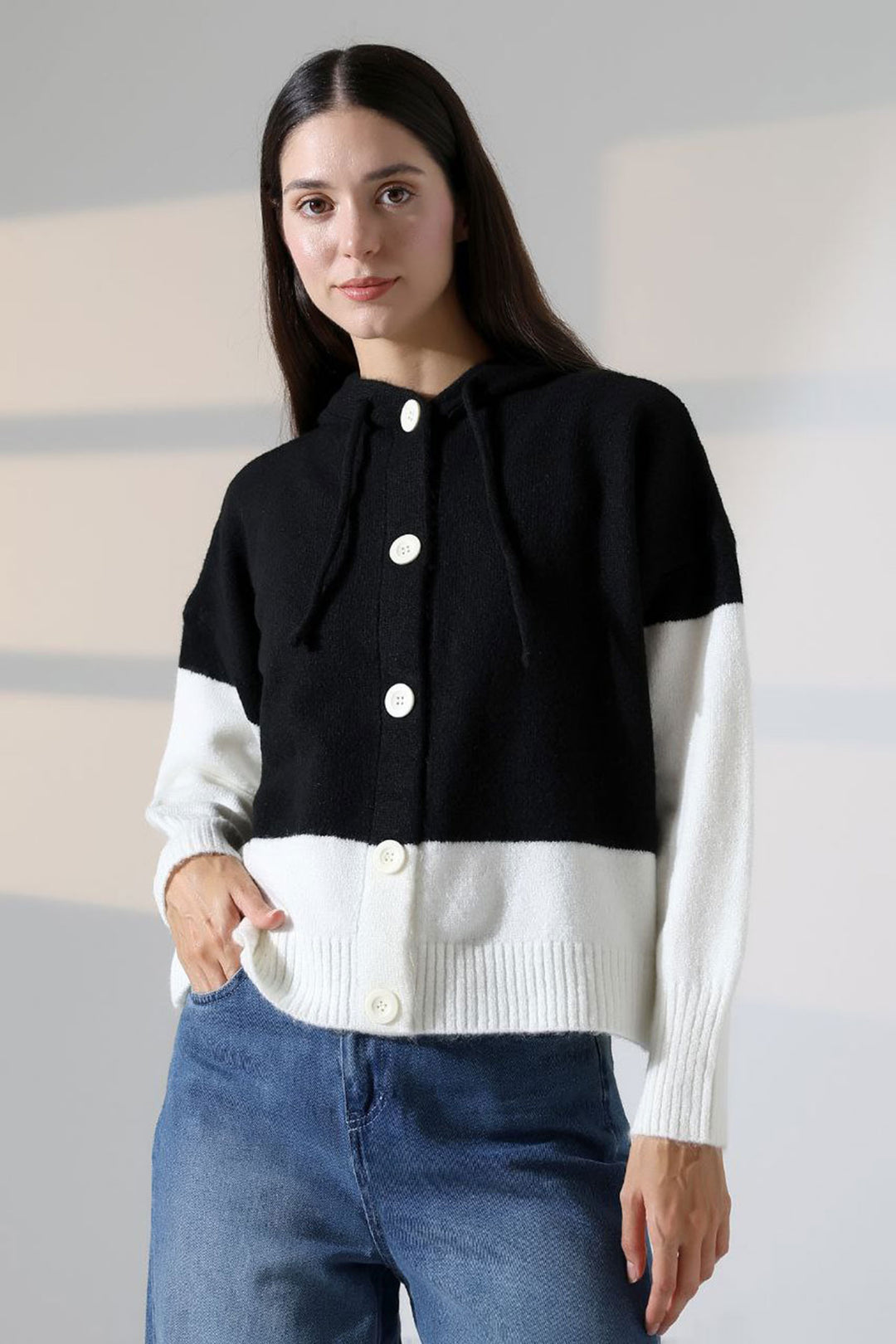 Black Color Block Hooded Buttoned Cardigan BCES-252017 - Andújar