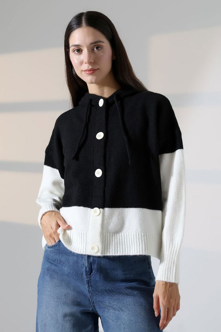 Black Color Block Hooded Buttoned Cardigan BCES-252017 - Andújar