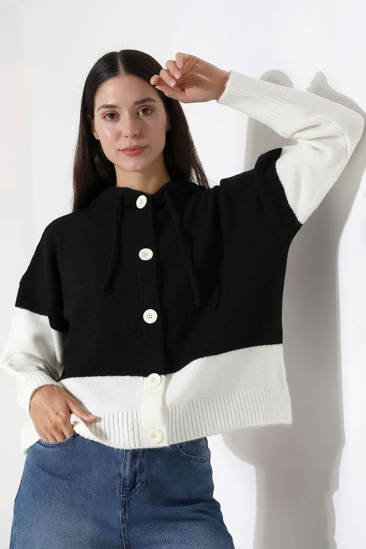 Black Color Block Hooded Buttoned Cardigan BCES-252017 - Andújar