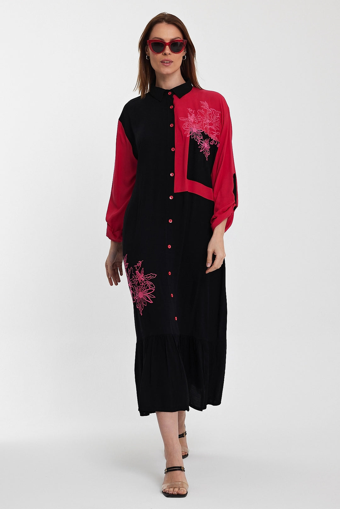 Maxi Boy Black Color Block Embroidered Long Length Woven Shirt Dress BCVL-241000 - Bazal’tove