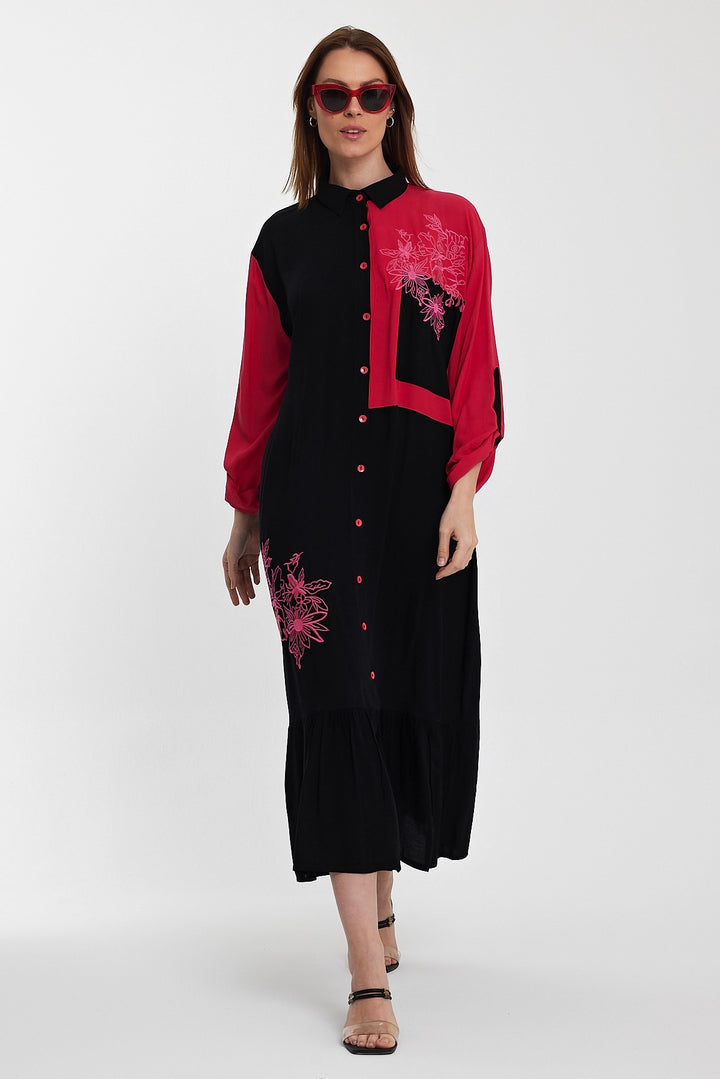 Maxi Boy Black Color Block Embroidered Long Length Woven Shirt Dress BCVL-241000 - Bazal’tove