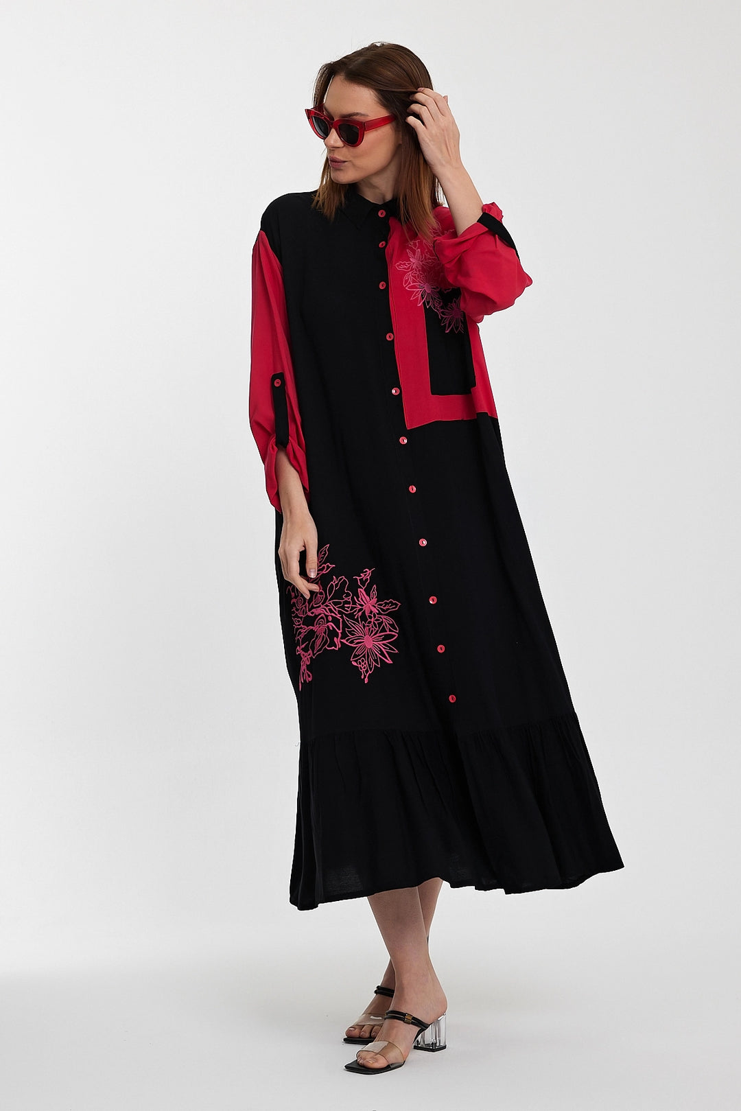 Maxi Boy Black Color Block Embroidered Long Length Woven Shirt Dress BCVL-241000 - Bazal’tove