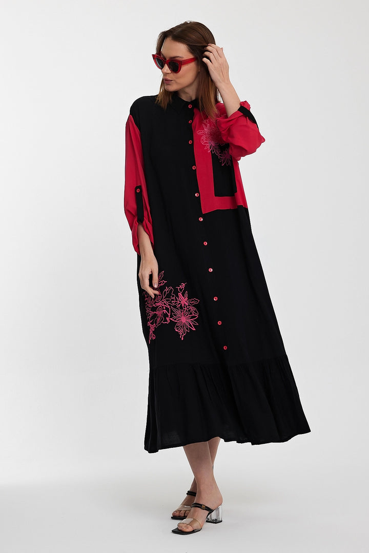 Maxi Boy Black Color Block Embroidered Long Length Woven Shirt Dress BCVL-241000 - Bazal’tove
