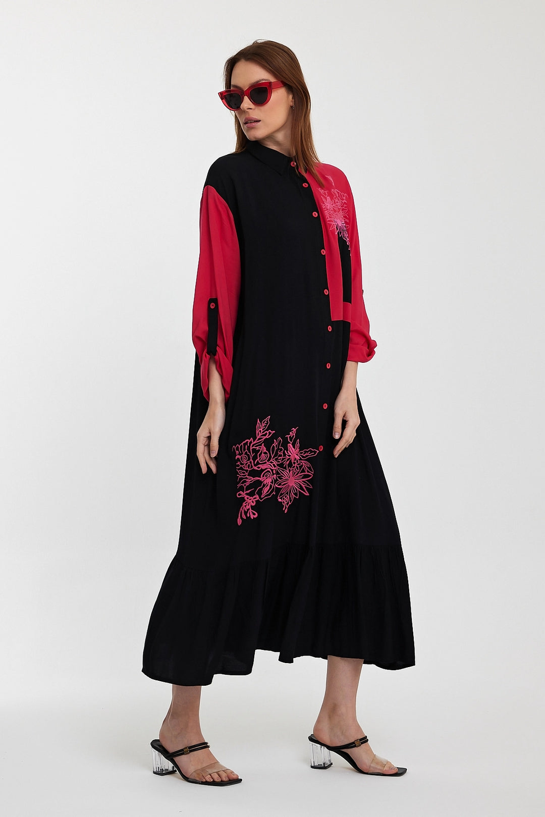 Maxi Boy Black Color Block Embroidered Long Length Woven Shirt Dress BCVL-241000 - Bazal’tove