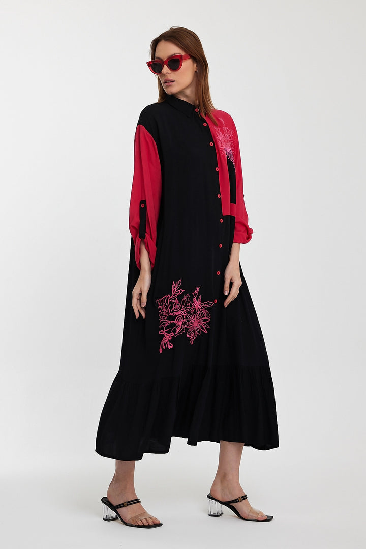 Maxi Boy Black Color Block Embroidered Long Length Woven Shirt Dress BCVL-241000 - Bazal’tove