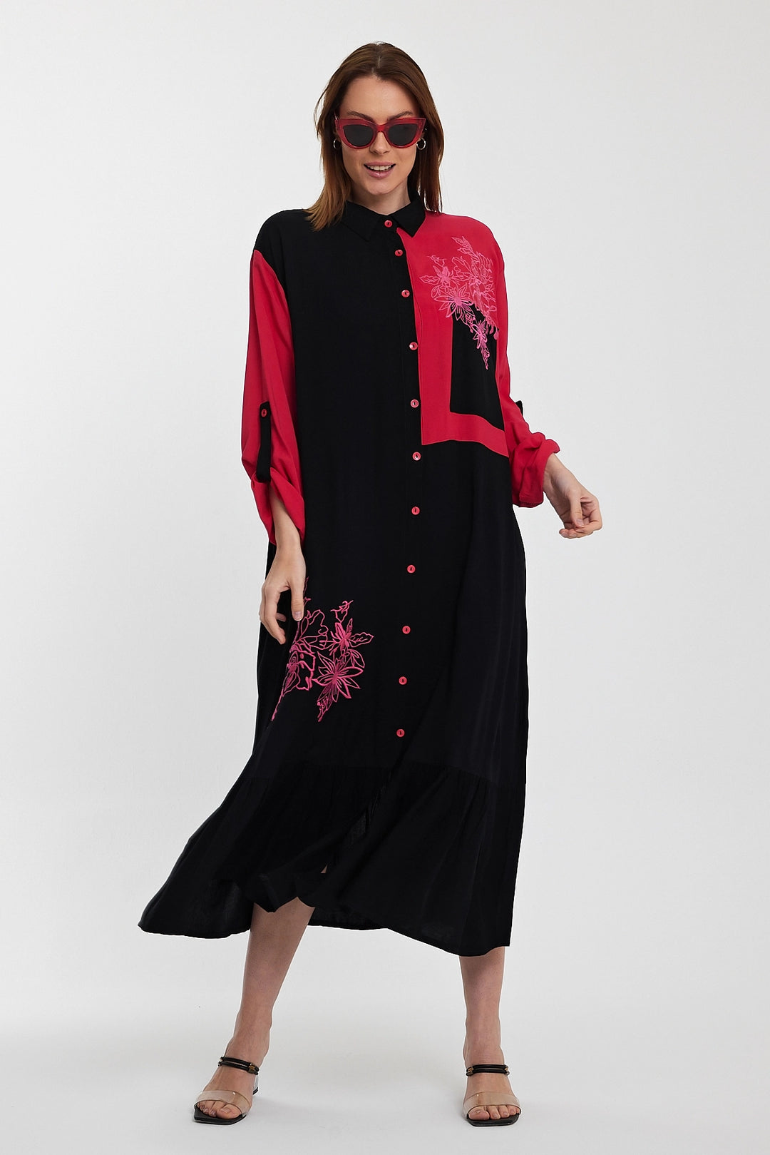 Maxi Boy Black Color Block Embroidered Long Length Woven Shirt Dress BCVL-241000 - Bazal’tove