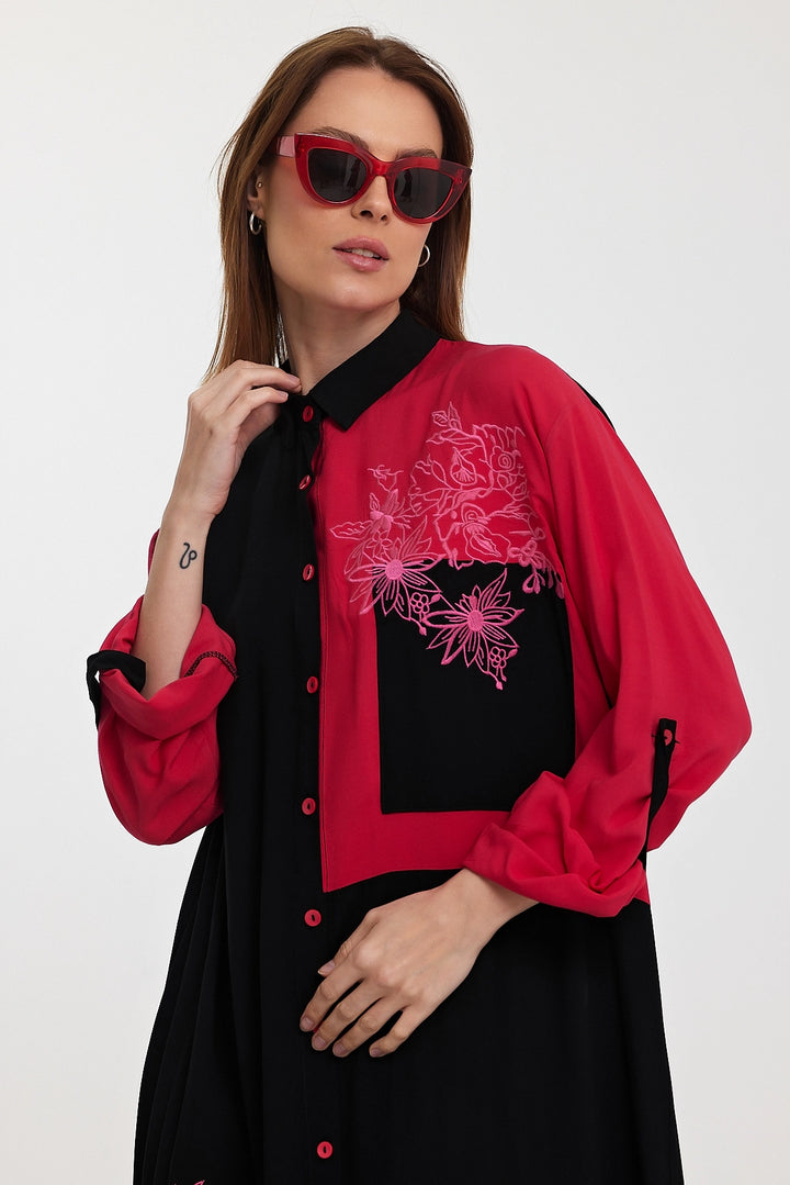 Maxi Boy Black Color Block Embroidered Long Length Woven Shirt Dress BCVL-241000 - Bazal’tove