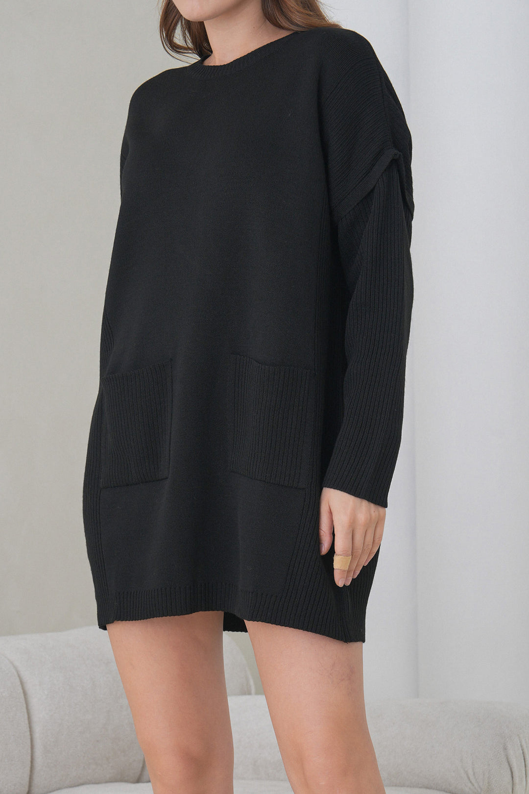 Black Ribbed Bicycle Neck Mini Knit Dress BCHPK-251239 - Tuscaloosa