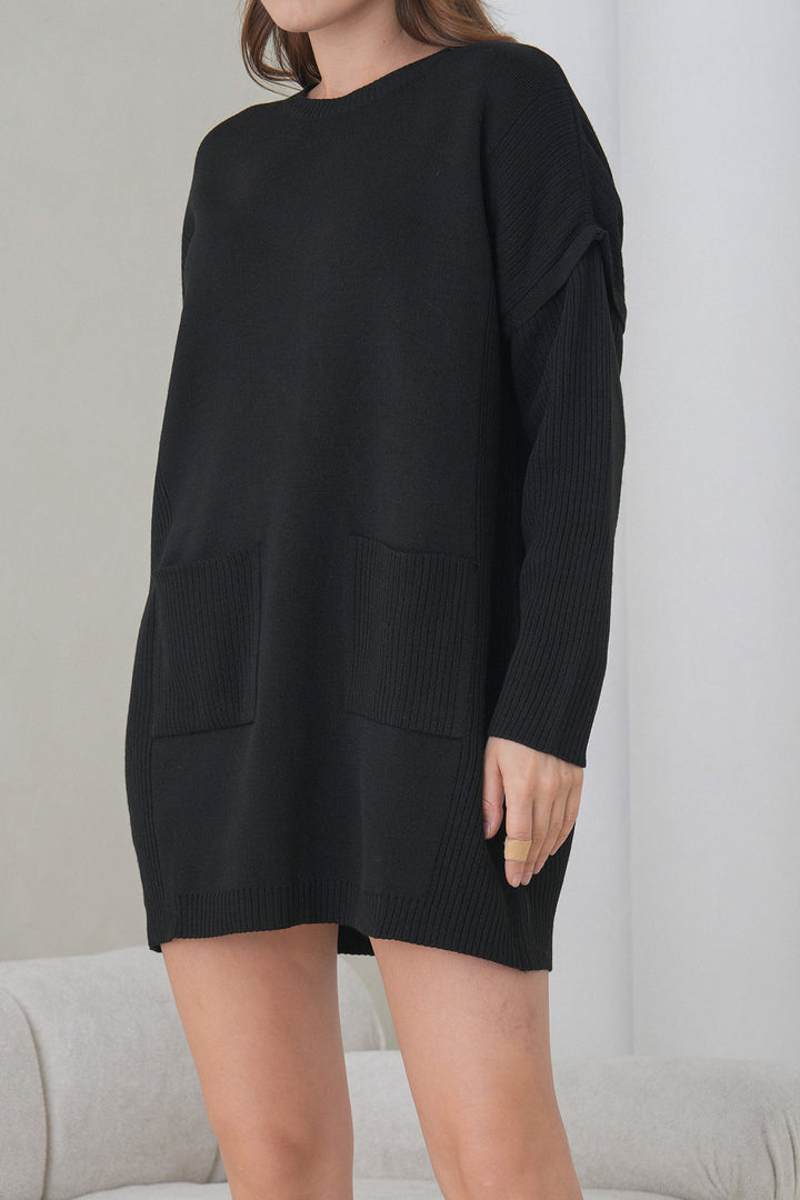 Black Ribbed Bicycle Neck Mini Knit Dress BCHPK-251239 - Tuscaloosa