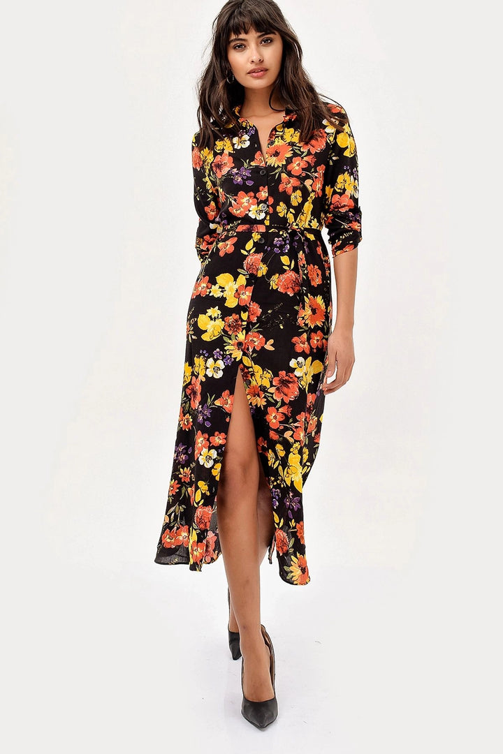 Black Yellow Flower Patterned Dress BCBSK-25700-H5022 - Santa Cruz Xoxocotlán