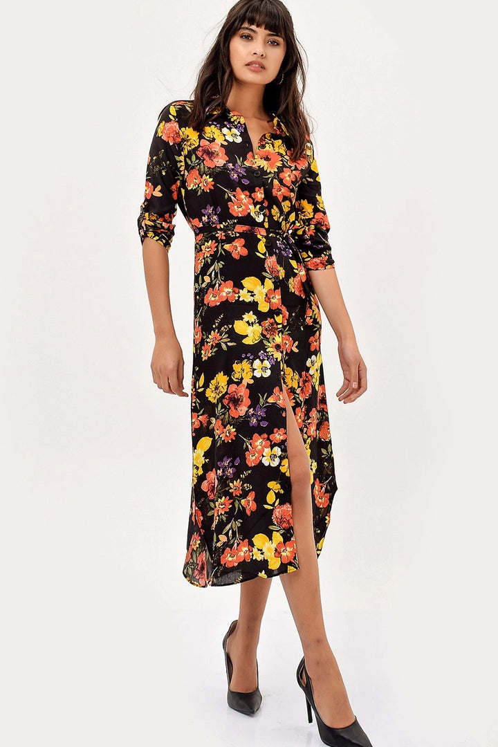 Black Yellow Flower Patterned Dress BCBSK-25700-H5022 - Santa Cruz Xoxocotlán