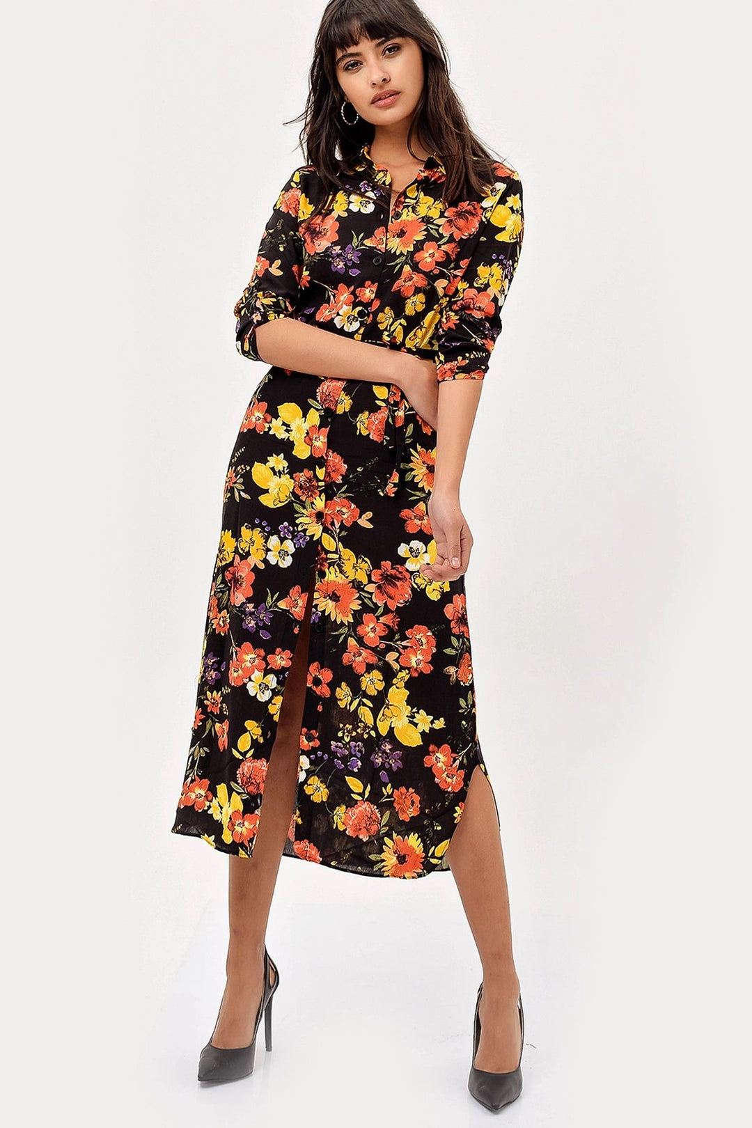 Black Yellow Flower Patterned Dress BCBSK-25700-H5022 - Santa Cruz Xoxocotlán
