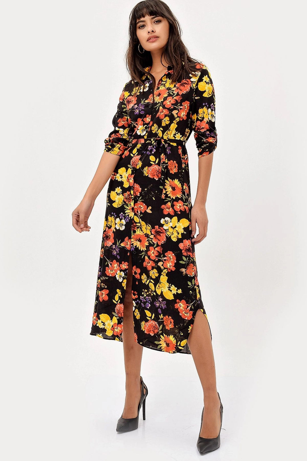 Black Yellow Flower Patterned Dress BCBSK-25700-H5022 - Santa Cruz Xoxocotlán