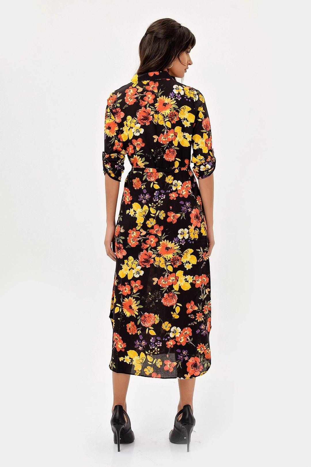 Black Yellow Flower Patterned Dress BCBSK-25700-H5022 - Santa Cruz Xoxocotlán