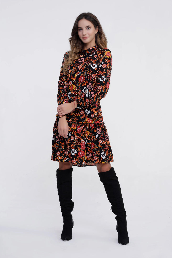 Black Yellow Light Fabric Floral Patterned Dress BCBSK-25700-2429 - San Baudilio de Llobregat