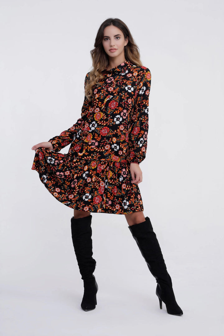 Black Yellow Light Fabric Floral Patterned Dress BCBSK-25700-2429 - San Baudilio de Llobregat