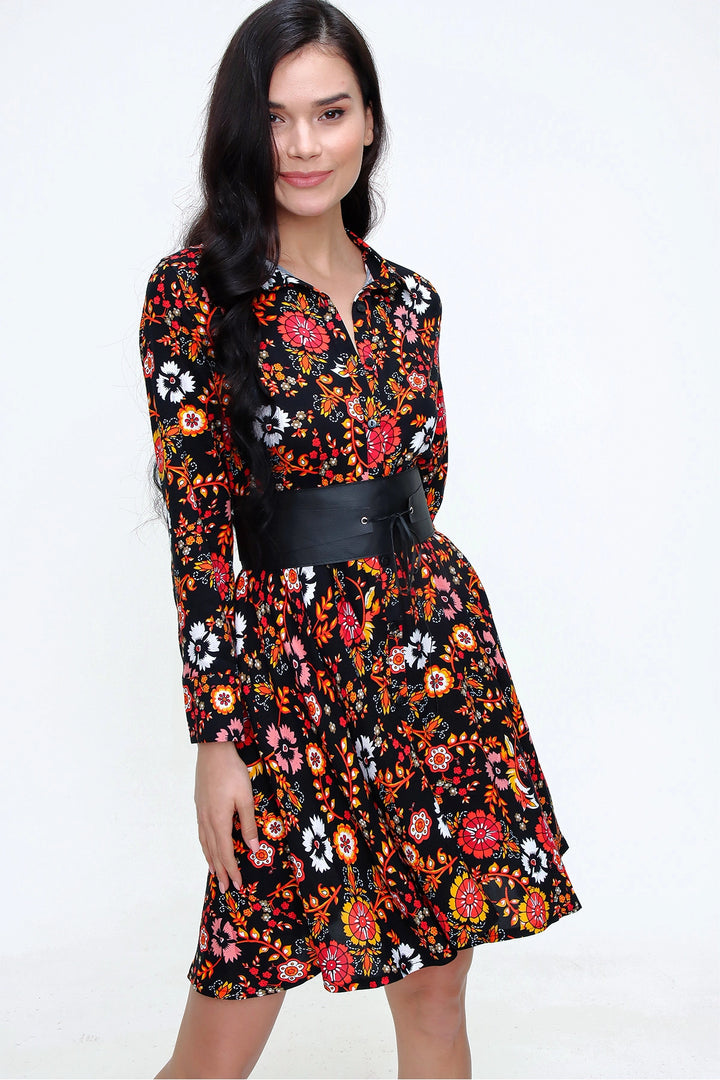 Black Yellow Light Fabric Patterned Shirt Dress BCBSK-25650-2164-2 - Pordenone