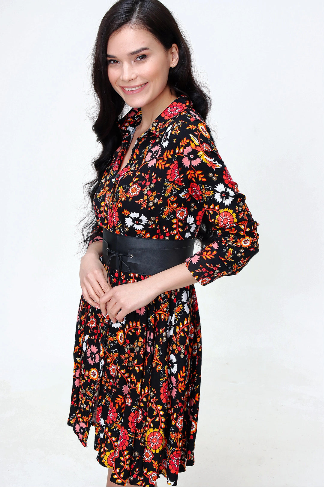 Black Yellow Light Fabric Patterned Shirt Dress BCBSK-25650-2164-2 - Pordenone