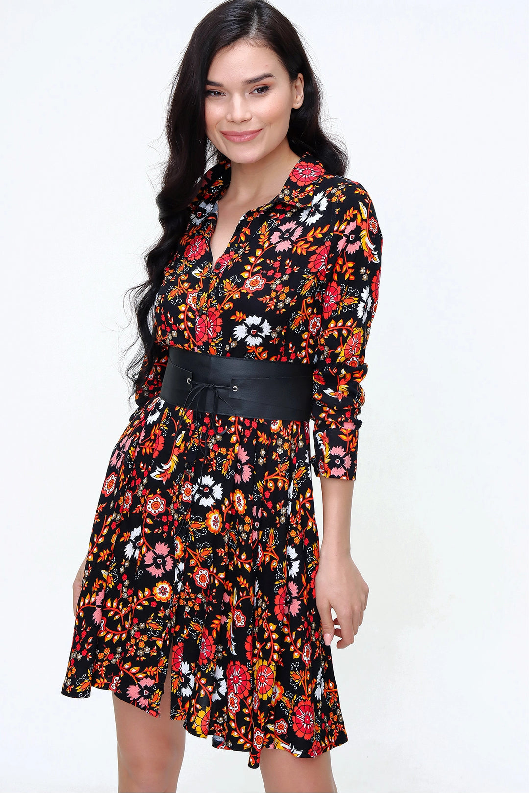 Black Yellow Light Fabric Patterned Shirt Dress BCBSK-25650-2164-2 - Pordenone