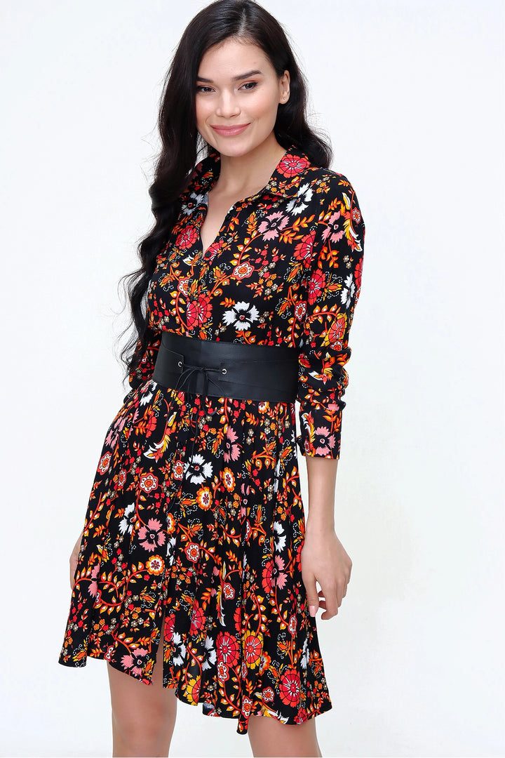 Black Yellow Light Fabric Patterned Shirt Dress BCBSK-25650-2164-2 - Pordenone