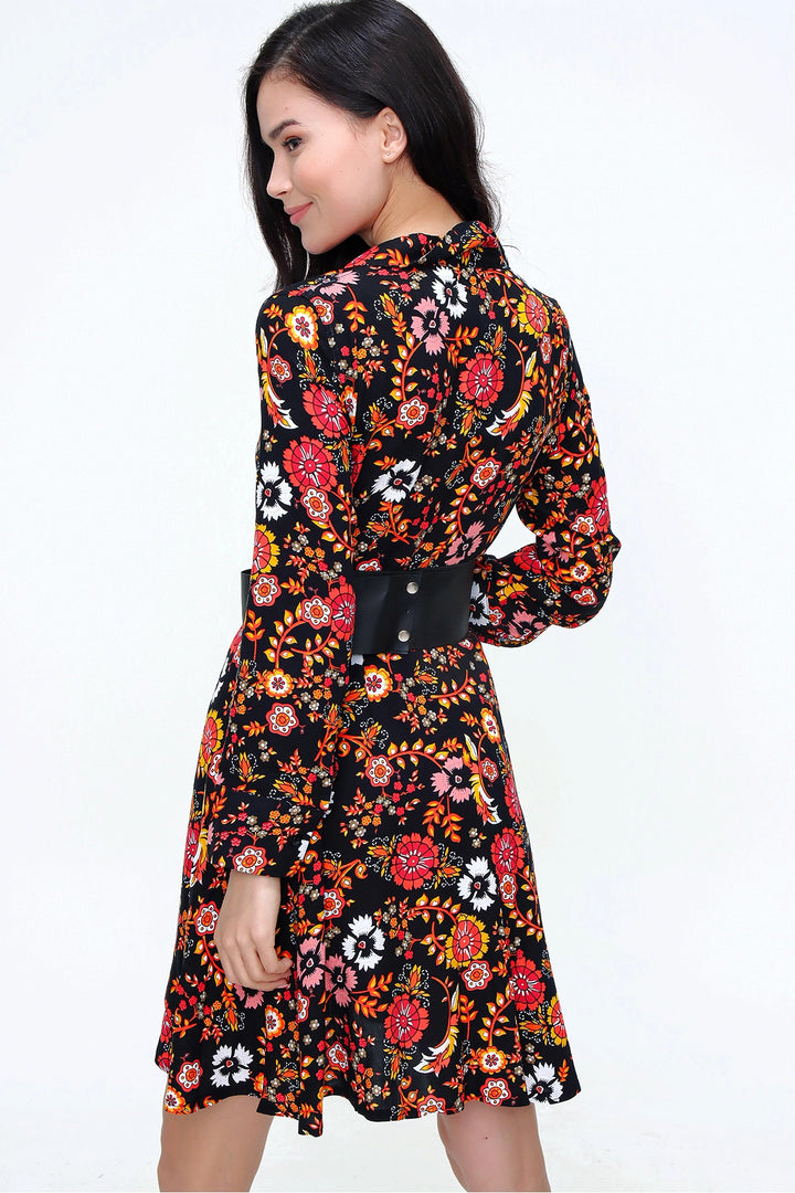 Black Yellow Light Fabric Patterned Shirt Dress BCBSK-25650-2164-2 - Pordenone